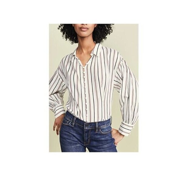 Joie Minya Top Womens Medium Porcelain Stripe Button Up Puff Sleeve Boho - Picture 1 of 9